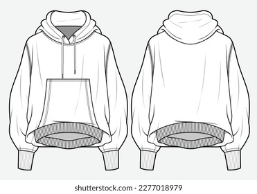 Oversized hoodie Vektorgrafik, technische Flachskizze.