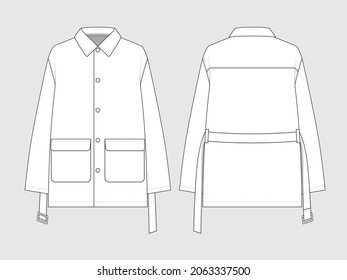 chaqueta sobredimensionada con correa propia, frontal y posterior, dibujando bocetos planos técnicos de prendas de vestir con ilustración vectorial.