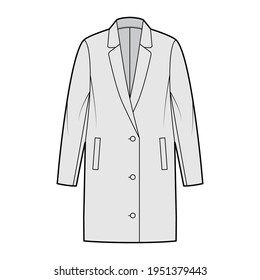 Oversized jacket technical fashion illustration with elongated lapel collar, long sleeves, welt pockets, button opening. Flat coat template front, grey color style. Women, men, unisex top CAD mockup