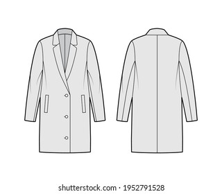 Oversized jacket technical fashion illustration with notched elongated lapel collar, long sleeves, welt pockets. Flat coat template front, back, grey color style. Women, men, unisex top CAD mockup