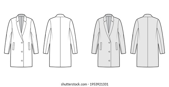 Oversized jacket technical fashion illustration and notched collar  long sleeves  welt pockets  button opening  Flat coat template front  back white  grey color style  Women  men  unisex CAD mockup