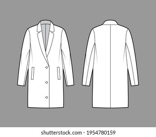 Oversized jacket technical fashion illustration with notched elongated lapel collar, welt pockets, button opening. Flat coat template front, back white color style. Women, men, unisex top CAD mockup