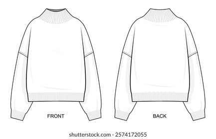 Oversized knitted Pullover sweater technical fashion illustration. Turtleneck Pullover sweater fashion vector template. Front and back view. Casual Streetwear. loose fit. Unisex. CAD mockup set.