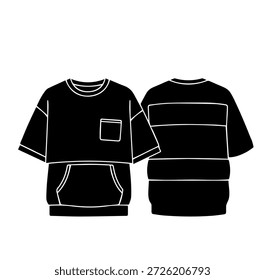 Camiseta Enorme com Bolso Frontal Bolso e Horizontal Listras Silhueta Vetor Ilustração para Hip Hop Streetwear e moda da juventude urbana