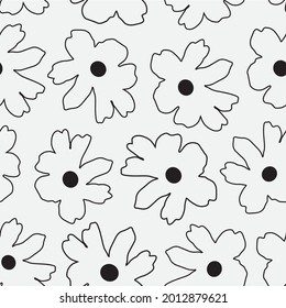 Oversized Line Art Schwarze Blumen nahtlose Muster Hintergrund. Perfekt für Mode- und Textilprojekte, Produktverpackungen, Tapeten, Standbilder, Telefonzellen, Tabletts, Grußkarten