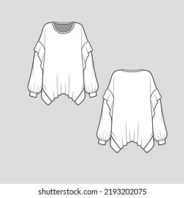 Oversized long balloon sleeve Top Drop Shoulder Ruffles sleeve V Neck fashion hem cad drawing sketch template design