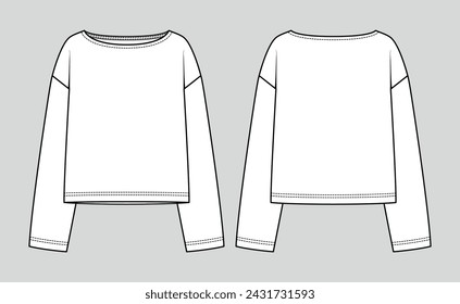 Oversized long sleeve top. T-shirt boat neck. Fashion sketch. Flat technical drawing. Vector illustration.