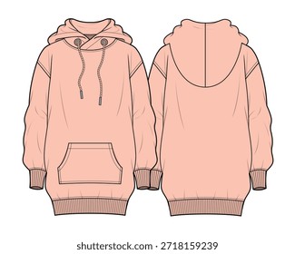 Boceto plano técnico de la Plantilla de la maqueta del diseño del Vector de la sudadera con capucha de palangre de gran tamaño.
