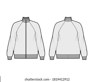 Oversized long-sleeved zip-up sweatshirt technical fashion illustration with cotton-jersey, raglan, ribbed trims. Flat outwear jumper apparel template front back grey color. Women, men unisex top CAD