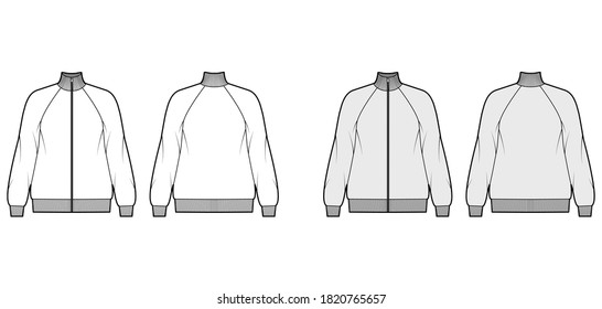 Oversized long-sleeved zip-up sweatshirt technical fashion illustration with cotton-jersey, raglan, ribbed trims. Flat outwear jumper apparel template front back white grey color. Women men unisex top