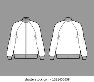 Oversized long-sleeved zip-up sweatshirt technical fashion illustration with cotton-jersey, raglan, ribbed trims. Flat outwear jumper apparel template front back white color. Women, men unisex top CAD