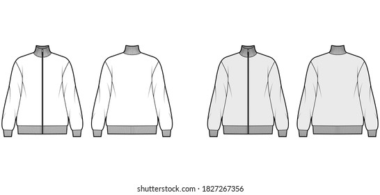 Oversized long-sleeved zip-up sweatshirt technical fashion illustration with cotton-jersey, ribbed trims. Flat outwear jumper apparel template front back white grey color. Women, men unisex top mockup