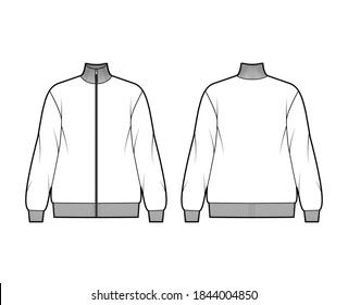 Oversized long-sleeved zip-up sweatshirt technical fashion illustration with cotton-jersey, ribbed trims. Flat outwear jumper apparel template front back white color. Women, men unisex top CAD mockup