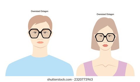 Oversized Octagon frame glasses on women and men flat character fashion accessory illustration. Sunglass front view unisex silhouette style, spectacles eyeglasses, lens sketch style outline isolated