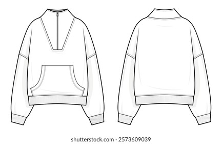 Oversized Quarter-Zip Pullover Sweatshirt Mockup – Streetwear Template with Kangaroo Pocket – Front and Back View – Vector Fashion Design