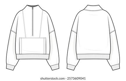 Oversized Quarter-Zip Pullover Sweatshirt Mockup – Casual Streetwear Template with stitched-on kangaroo pocket– Front and Back View – Vector Fashion Design