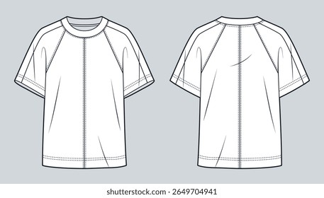 Oversized Raglan Sleeve T-Shirt Technical Fashion Illistration. Tee Shirt fashion flat technical drawing template, front and back view, white, loose fit, crew neck, women, men, unisex Top CAD mockup.