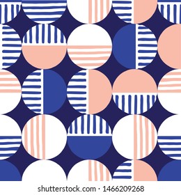 Oversized Retro Geo Dots Vector Seamless Pattern. Over Scaled Modern Geometric Blue and Pink Circles. Simple Bold Streaking Minimalist Background. Perfect for Fashion, Home Decor