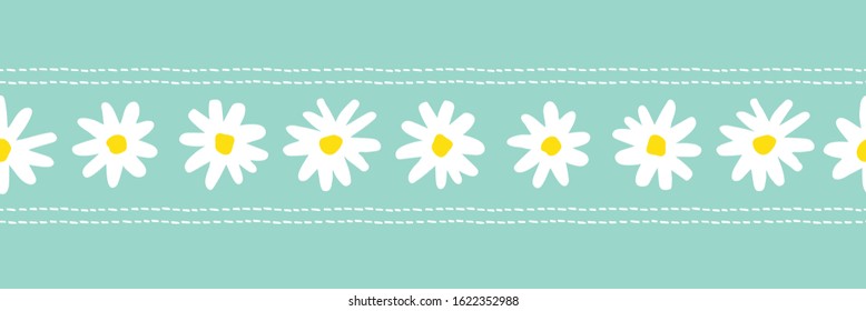 Over-Sized Retro Graphic Floral Vector Seamless Pattern Border. Simple Large Hand Drawn White Daisies, Abstract Blooms on Mint Background. Minimal Stylized Naive Flowers and Stitching Stripes Print