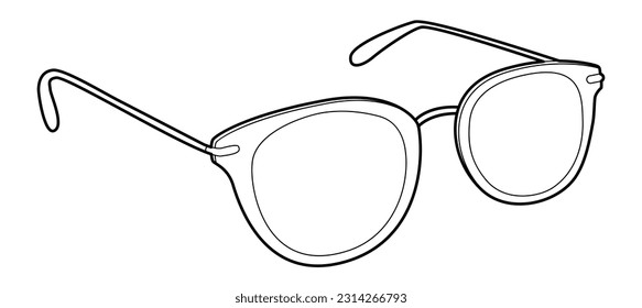 Oversized Round-Frame-Brille Mode-Accessoires-Illustration. Sonnenblase 3-4 für Männer, Frauen, unisex-Silhouettenstil, flache Felgenbrille mit Linsenumriss einzeln auf weißem Hintergrund