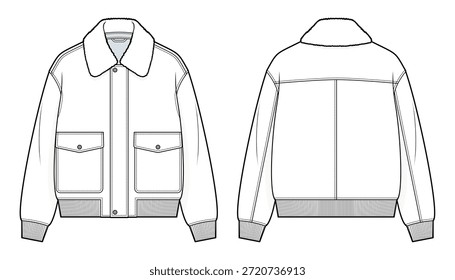 Ilustración de moda técnica de la chaqueta de bombardero de cuello de oveja de gran tamaño. Chaqueta de aviador relajado con cuello de piel sintética. Vista frontal y trasera. ropa de abrigo para hombre. Conjunto de maqueta CAD.