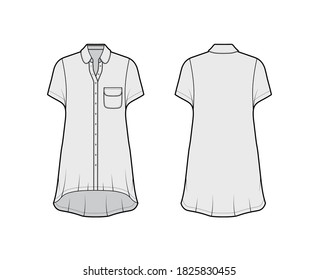 Oversized shirt dress technical fashion illustration with rounded pocket and collar, short sleeves, high-low hem, front button-fastening. Flat template front back grey color. Women men unisex top CAD