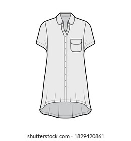 Oversized shirt dress technical fashion illustration with rounded pocket and collar, short sleeves, high-low hem, front button-fastening. Flat template front grey color. Women men unisex top 