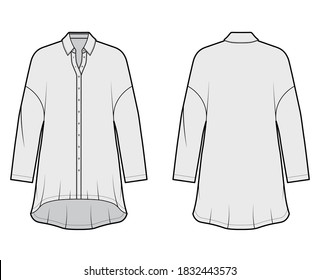 Oversized shirt dress technical fashion illustration with long sleeves, regular collar, dropped shoulders, high-low hem, front button-fastening. Flat template front back grey color. Women men top