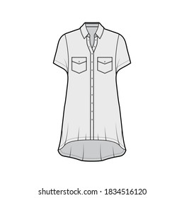 Oversized shirt dress technical fashion illustration with angled pockets, short sleeves, regular collar, high-low hem, front button-fastening. Flat template front grey color. Women men unisex top