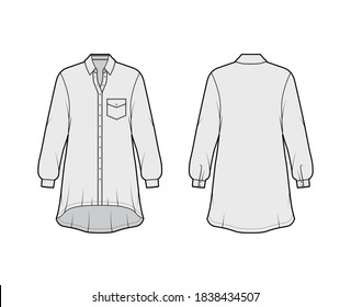 Oversized shirt dress technical fashion illustration with angled pocket, long sleeves, regular collar, high-low hem, front button-fastening. Flat template front back grey color. Women men unisex top