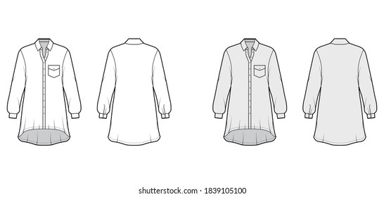 Oversized shirt dress technical fashion illustration with angled pocket, long sleeves, regular collar, high-low hem, button-fastening. Flat template front back white grey color. Women men unisex top