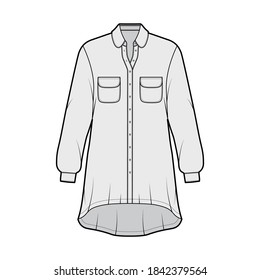 Oversized shirt dress technical fashion illustration with rounded pockets and collar, long sleeves, high-low hem, front button-fastening. Flat template front grey color. Women men unisex top CAD