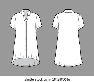 Vestimenta de camisa sobredimensionada ilustración técnica de moda con mangas cortas, cuello regular, hem alto-bajo, cierre de botón delantero. Color blanco de la parte posterior de la plantilla plana. Hombres mujeres unisex top CAD mockup 