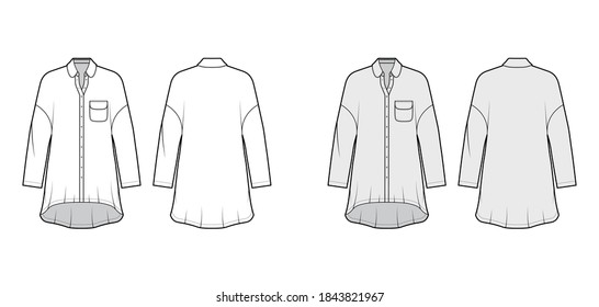 Oversized shirt dress technical fashion illustration with rounded pocket and collar, long sleeves, dropped shoulders, high-low hem. Flat template front back white grey color. Women men unisex top CAD
