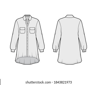 Oversized shirt dress technical fashion illustration with rounded pockets and collar, long sleeves, high-low hem, front button-fastening. Flat template front back grey color. Women men unisex top CAD