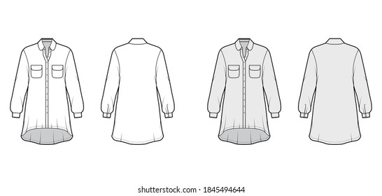 Vestimenta de camisa sobredimensionada ilustración técnica de moda con bolsillos y collarín redondeados, mangas largas, abrochamiento de botón delantero de alto bajo. Color gris blanco de la parte posterior de la plantilla plana. Mujeres hombres unisex top