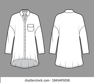 Vestimenta de camisa sobredimensionada ilustración técnica de moda con bolsillo y cuello redondeados, mangas largas, hombros caídos, altos bajos. Plantilla de ropa plana de color blanco delantero. Mujeres hombres unisex top