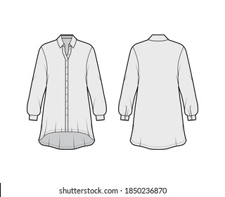 Oversized shirt dress technical fashion illustration with long sleeves, regular collar, high-low hem, front button-fastening. Flat template front back grey color. Women men unisex top CAD mockup 