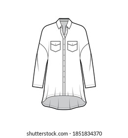 Oversized shirt dress technical fashion illustration with angled pockets, long sleeves, regular collar, dropped shoulders, high-low hem. Flat apparel template front white color. Women men unisex top