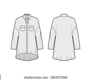 Oversized shirt dress technical fashion illustration with angled pockets, long sleeves, regular collar, dropped shoulders, high-low hem. Flat apparel template front back grey color. Women men top