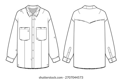 Oversized shirt vector design mockup template technical flat drawing.