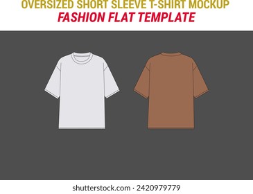 Oversized Short-Sleeve T-Shirt Fashion Flat Template Oversize Crew Neck T Shirt Flat Sketch Vector Illustration Unisex Short Sleeve Boxy T-shirt Template