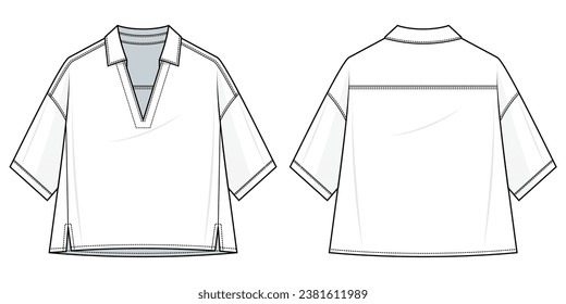 oversized short-sleeved shirt technical fashion illustration. shirt vector template illustration. front and back view. oversized. drop shoulder. unisex. fashion flat CAD mockup set.