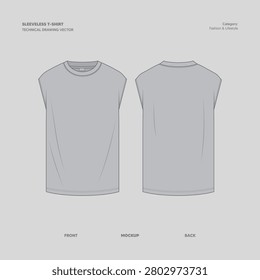 OVERSIZED SLEEVELESS T SHIRT FLAT SKETCH VECTOR FRONT BACK VIEW
