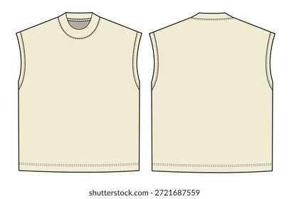 Camiseta sin mangas de gran tamaño vista frontal y trasera diseño de Vector maqueta Plantilla plano plano técnico.