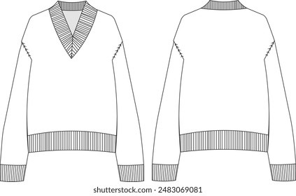 Oversized slouchyribbed v neck long sleeve sweater technical drawing, Template Flat Sketches, Fashion Technical Drawings, Sweater Technical Drawing,