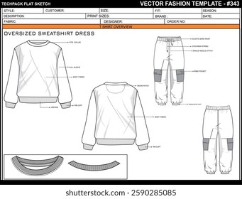 OVERSIZED SWEATSHIRT FLAT SKETCH FASHION TEMPLATE TECHNICAL DRAWING ILLUSTRATION