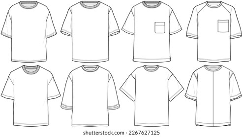 oversized t shirt unisex short sleeve drop shoulder crew neck plain white t shirt flat sketch vector technical cad drawing template