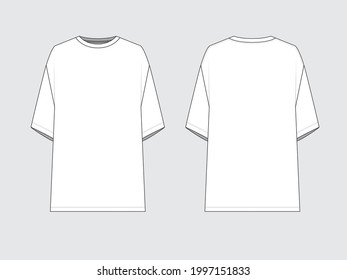 oversized tee, front and back, drawing technical flat sketches of garments with vector illustration.