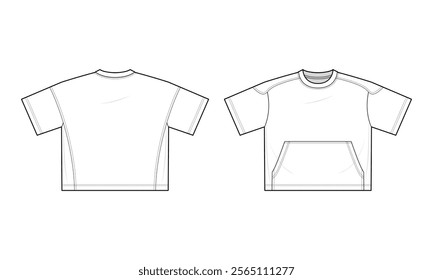 Oversized Tee with Kangaroo Pocket Technical Fashion Illustration. Template Illustration. Front and Back View. Oversized Drop Shoulder. Streetwear. Unisex. White Color. CAD Mockup.